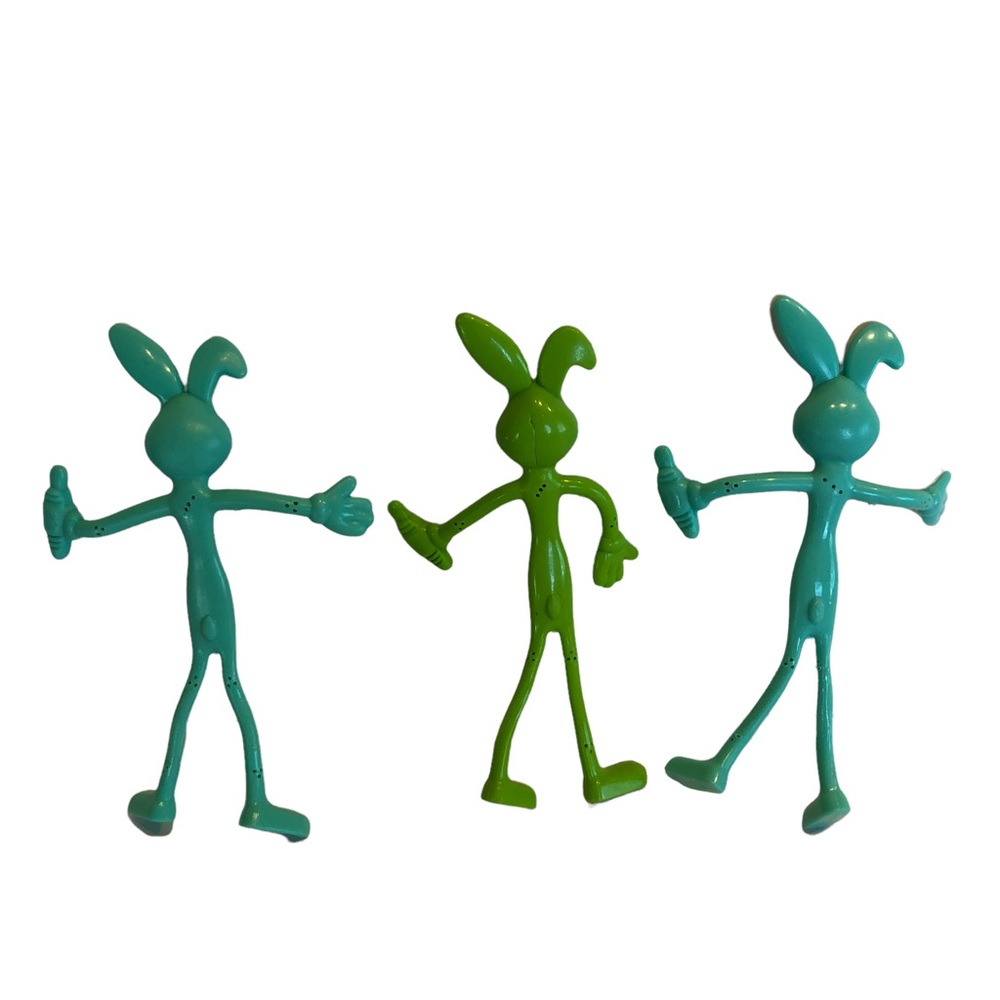 Vintage 3 Bunny Rabbits Bendy Rubber Flexible Bendable Easter 5.5” Teal Green